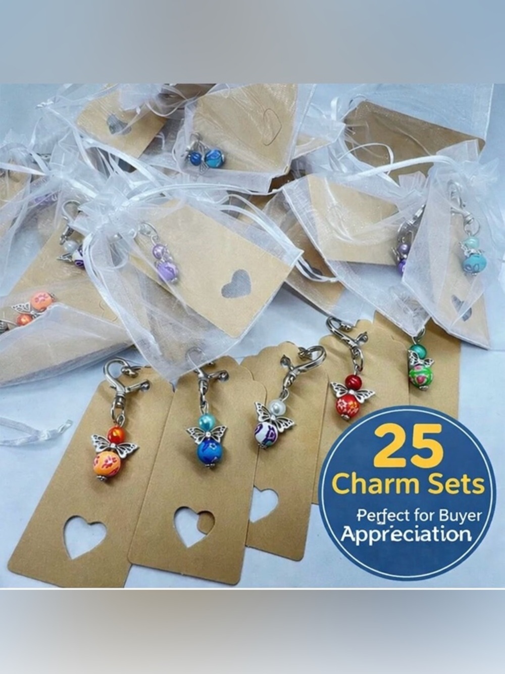 Angel Bag Charms Bundle + Thank You Stickers 25 Keychains Cards & Bags